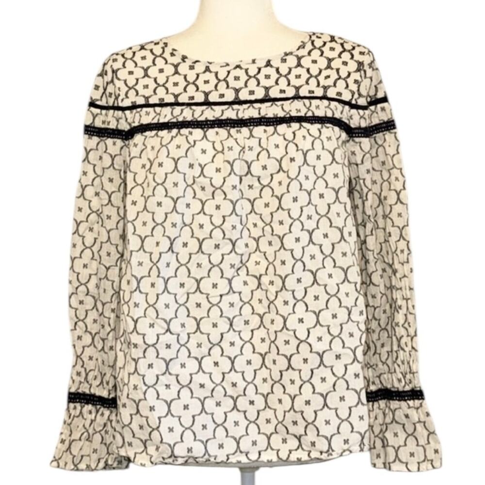Crown & Ivy Petite Small Cream Cotton Peasant Top Navy Trim Boho Long Sleeve